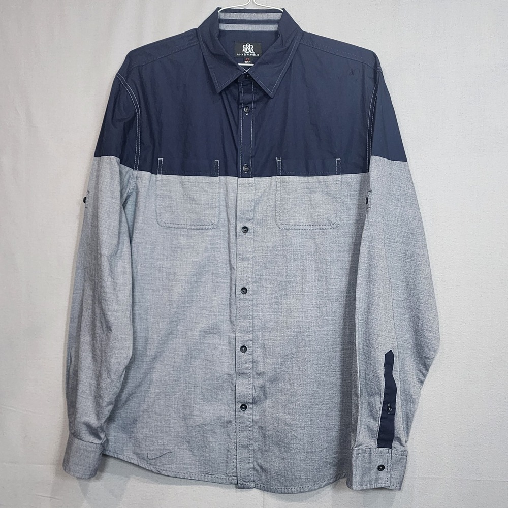 Rock Republic Men's Colorblock Long Sleeve Button Up‎ Shirt Blue Gray Size XL